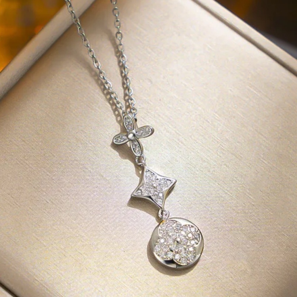 18K White Gold Inspired Clover & Flower Pendant INecklace Pave Diamond Inlay